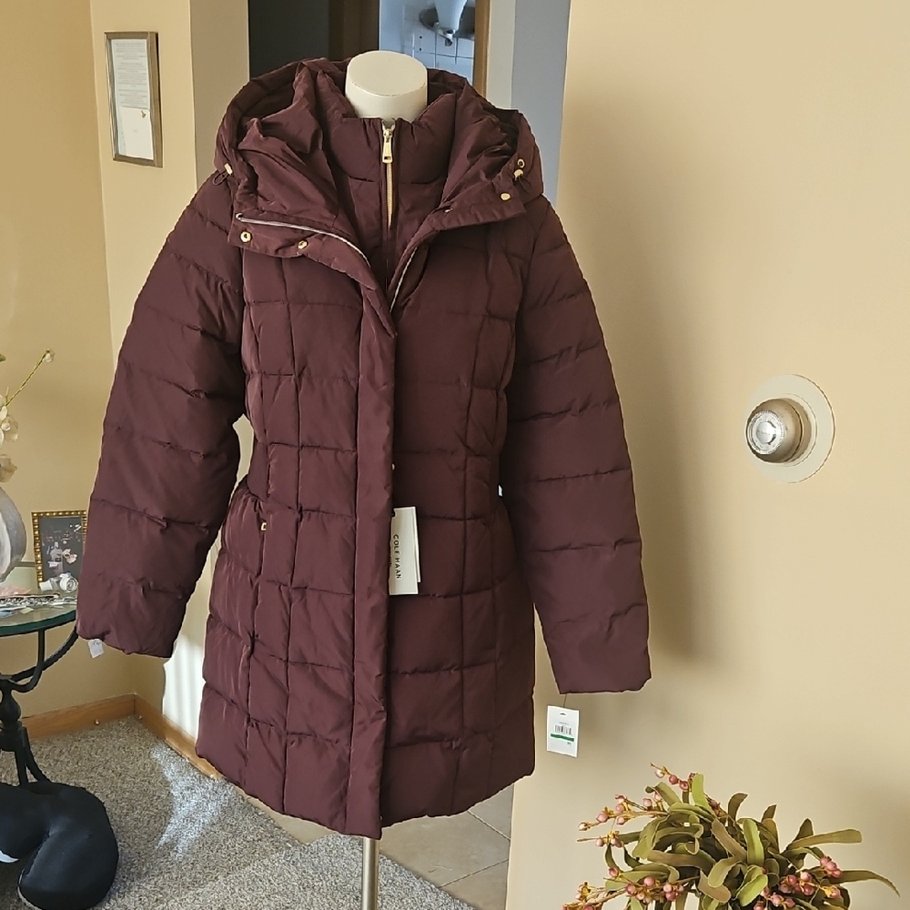 NWT Cole Haan Women's Puffer Jacket - Deep Burgundy 32" Taffeta Down Coat
